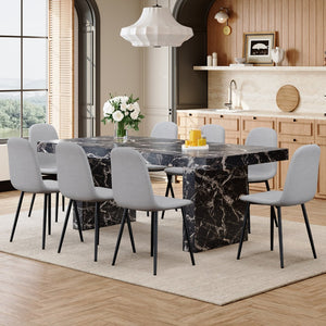 English Elm Table and Chair Set Seats 8 with Marble Mdf Top and Gray Linen Upholstered W1151S03921