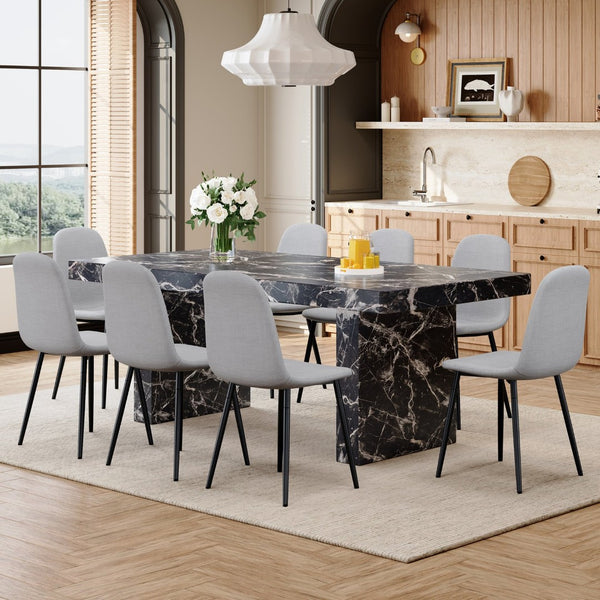 English Elm Table and Chair Set Seats 8 with Marble Mdf Top and Gray Linen Upholstered W1151S03921