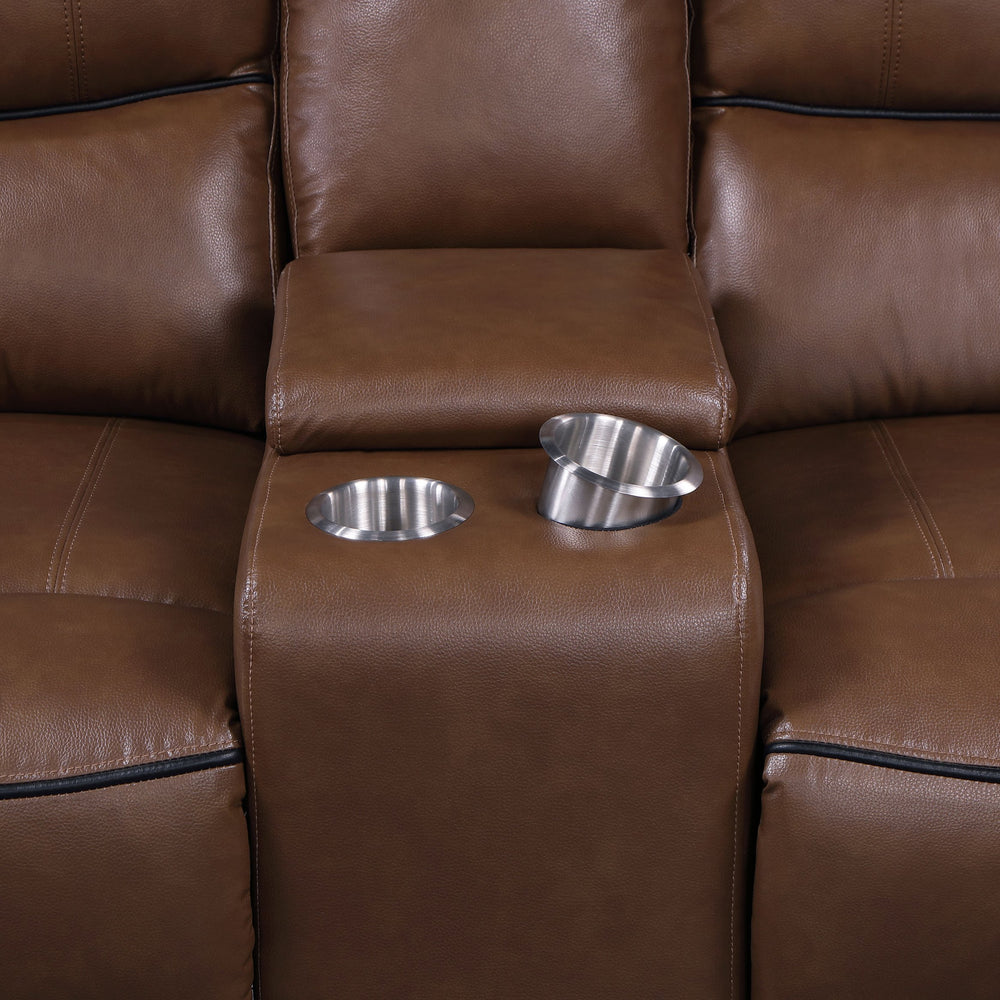 English Elm Denson Saddle Brown Power Reclining Loveseat with Console, Cup Holders & Easy-Care Leatherette Comfort B062P353262