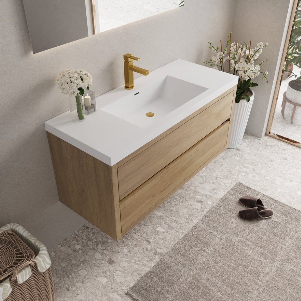 English Elm 48'' Floating Oak Fluted Bathroom Vanity Wall Mounted with Stone Resin Basin Soft Close W1920P385578