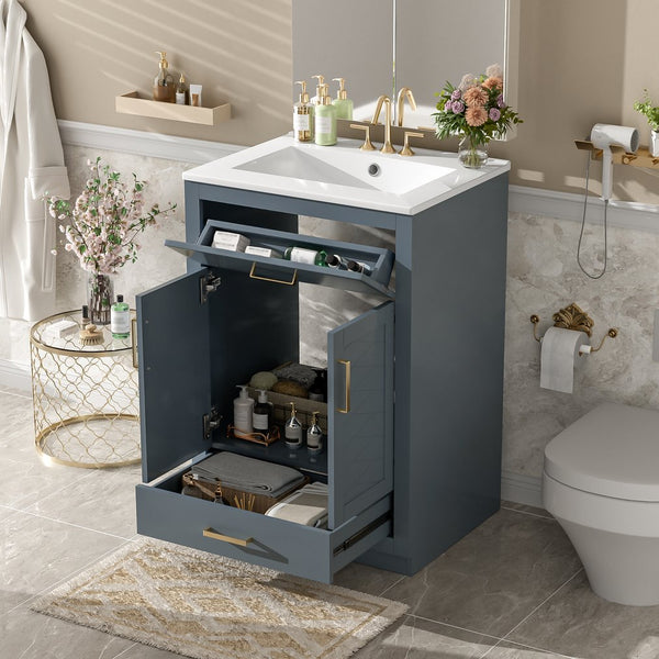 English Elm 24" Stylish Blue Bathroom Vanity With Ceramic Sink, 2 Storage Doors & Tip-Out Drawer For Organization N710P341037C