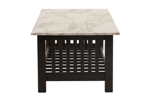 English Elm Contemporary 3pc Occasional Table Set Faux Marble Top Antique Walnut Finish Open Shelf Modern Design B011S01995