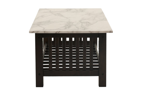 English Elm Contemporary 3pc Occasional Table Set Faux Marble Top Antique Walnut Finish Open Shelf Modern Design B011S01995