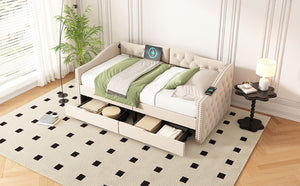 English Elm Upholstered Twin Daybed with Linen Tufted Back Nailhead Arms and Storage Drawers W1670P391274