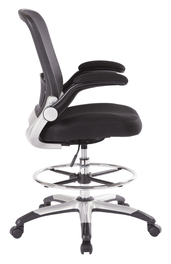 OSP Home Furnishings Mesh Back Ergonomic Drafting Chair with Lumbar Support Padded Flip up Arms Studio Use DCY69006-3M
