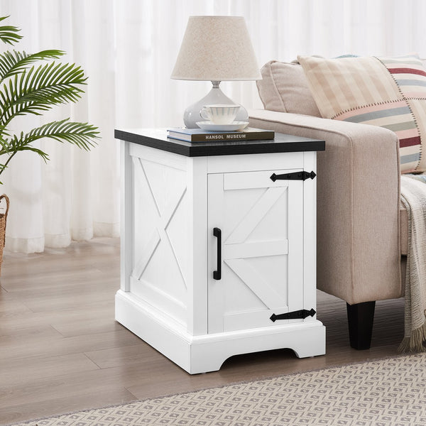 English Elm Farmhouse Rustic End Table with Barn Door Concealed Storage, Metal Handle, Retro Decor, Sturdy Base White+Black W2275P192793