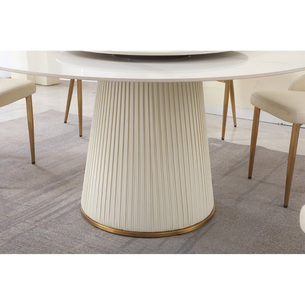 English Elm 59"modern Sintered Stone Round Dining Table Set Seats Six with Sculptural Leather Pedestal W509S00166