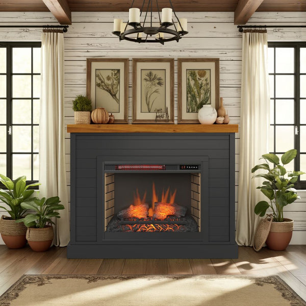 English Elm 48 inch Modern Farmhouse Fireplace Mantel with 28" Electric Insert, Two-Tone Black & Whiskey Charm B108131560
