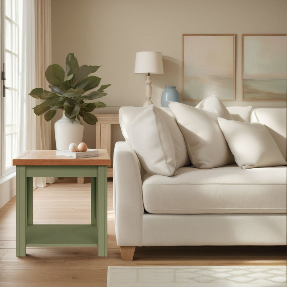 English Elm 24 inch Side Table Sage Green & Fruitwood Two-Tone Farmhouse Accent Table Fully Assembled, Rustic Chic Decor 92 B108P160213
