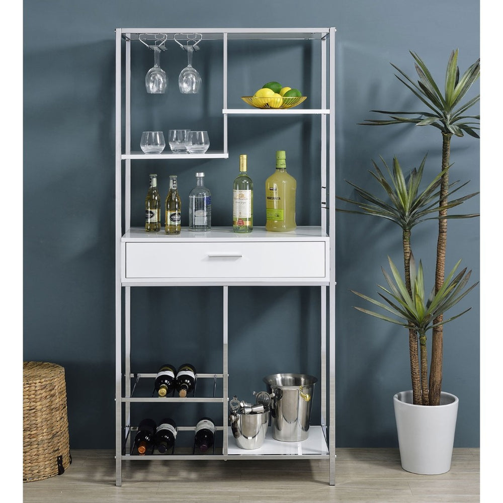 English Elm Draper Gloss White Led Wine Cabinet with Chrome Frame and Open Bar Shelving B062P441294