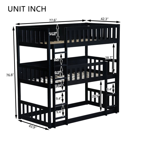 English Elm Twin Triple Rubberwood Bunk Bed with Ladders & Guardrails, Space-Saving Modular Design for Families Black W504S00173