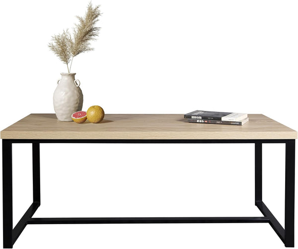 English Elm Bali Coastal Modern Coffee Table With Natural Wood Top & Sleek Black Metal Legs For Stylish Living B347P339189