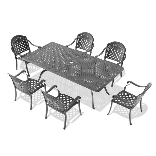 English Elm 7-piece Cast Aluminum Outdoor Dining Set with Carved Petal Motifs and Weather Resistant Frame W1710S00606