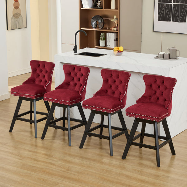 English Elm Swivel Velvet Barstools with Tufted Back Support, 360° Rotation, Foam & Spring Cushion, Sturdy Wooden Frame WINE RED W1143P369088