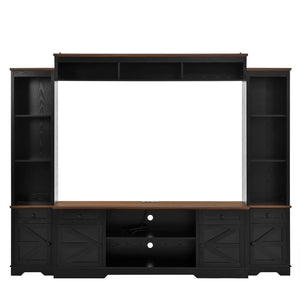 English Elm U-can Farmhouse Wall Unit with Barn Doors Built-in Power Outlets and Open Shelving Black+Brown SJ000154AAB