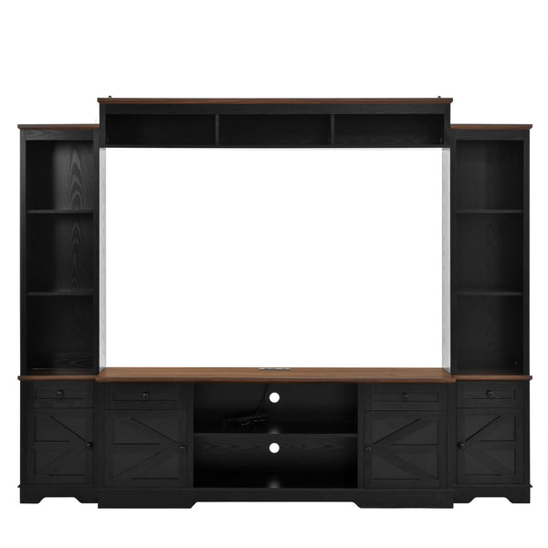 English Elm U-can Farmhouse Wall Unit with Barn Doors Built-in Power Outlets and Open Shelving Black+Brown SJ000154AAB