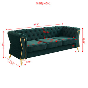 English Elm Modern Tufted Velvet Sofa 87.4" Green — Mid-Century Chesterfield Charm, Gold Accents, Plush Comfort W579P330003