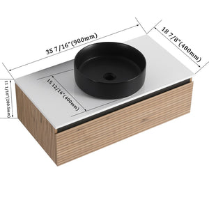 English Elm 36'' Floating Wall Mounted Vanity with Art Ceramic Vessel Sink and Soft Close Drawer W999S00363