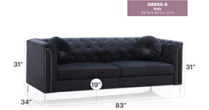 English Elm Pompano Velvet Mid-Century Sofa with Button Tufting, Chrome Legs & Nailhead Trim, Pocket Coil Comfort Black 26 L x 70 W x 13 H B078S00507