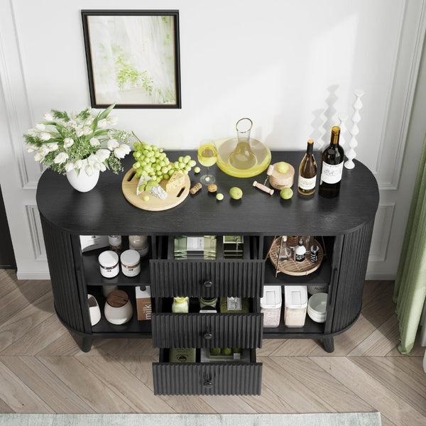 English Elm Sideboard Fluted Credenza with Three Drawers Two Doors Matte Black Modern Storage Black T3773P417309