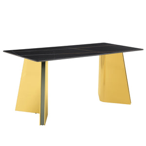 English Elm 63"x31.5x30" Marble Slab Rectangular Dining Table with Sculptural Butterfly Stainless Legs Black,Gold W1151S04617