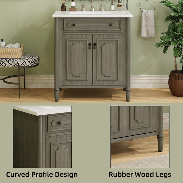 English Elm Christopher Knight Home® - 30 Inches Vintage Bathroom Vanity With Sink – Rustic Gray Cabinet, Soft-Close Doors & Ceramic Top N817P299472G