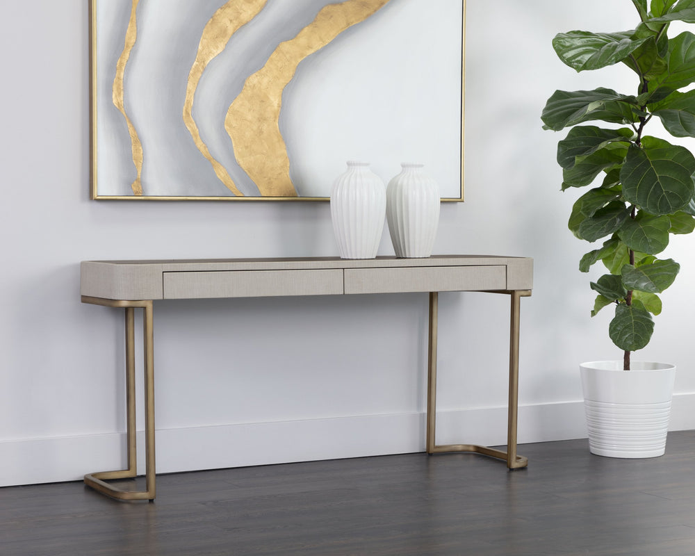 Sunpan Jamille Console Table - Contemporary Curved Design with Faux Leather, Oak Veneer Top & Brass Base