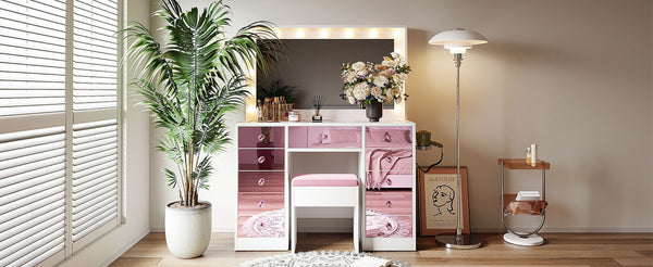 English Elm Makeup Vanity Desk Set with Hollywood Led Mirror Cushioned Stool and Crystal Drawer Pulls N704P340230K