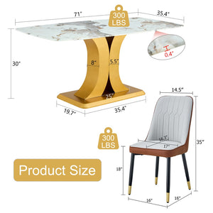 English Elm Table Luxurious Pandora-Patterned Glass Dining Set With Golden Legs & 8 Ergonomic Pu Leather Chairs W1151S03249-GIGA