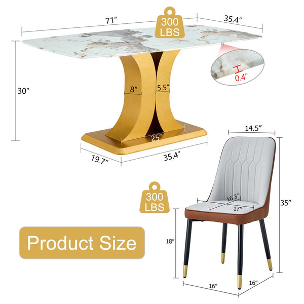 English Elm Table Luxurious Pandora-Patterned Glass Dining Set With Golden Legs & 8 Ergonomic Pu Leather Chairs W1151S03249-GIGA