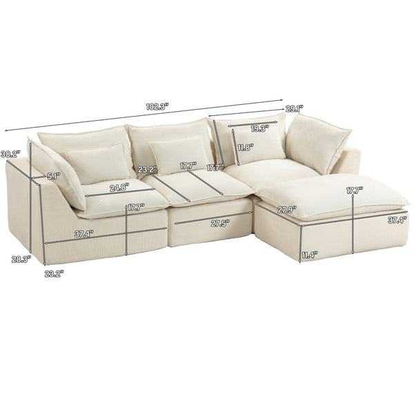 English Elm 102.3" Oversized Modular Sectional Sofa Cotton Linen Deep Seat Lounge with Ottoman Antique White W2530S00014
