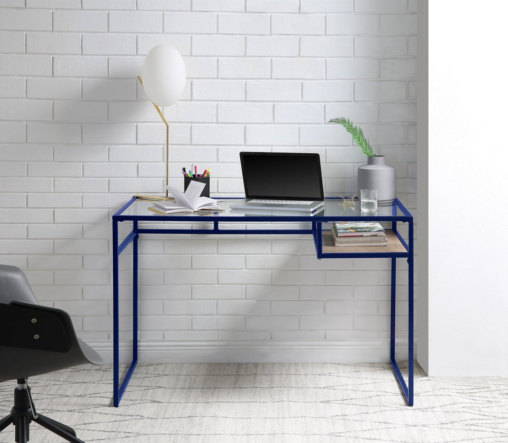 English Elm Yasin Modern Glass Top Writing Desk in Blue Finish with Metal Sled Base and Open Storage Shelf B2726P256257