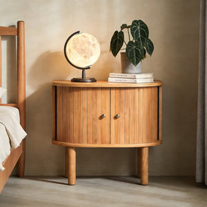 English Elm Semi-cylindrical Solid Wood Nightstand with Slatted Doors and Brass Knobs for Bedroom N758P389137N