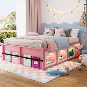 English Elm Queen Storage Platform Bed with Led Lighting Bookshelf Display Cabinet and Pull-out Drawer Pink+White N820S00078H