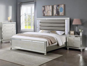 English Elm Modern Upholstered Headboard Queen Bed with Button Tufting, Glass Inlay & LED Lighting, Faux Leather Finish Elegance Champagne 66 L x 47 W x 7 H B011S01218
