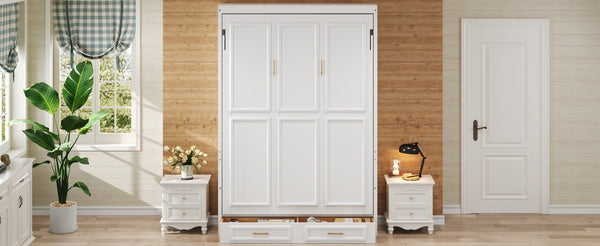 English Elm Full Murphy Bed with Storage Cabinets and Shelves, Space-Saving Wooden Wall Bed with 600lb Capacity Beige N7090004012A