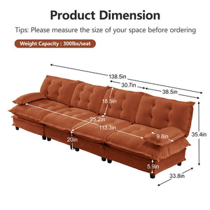 English Elm 138" Modular Cloud Sectional Sofa Deep Seat Chenille Upholstery for Living Room Orange W714S01740