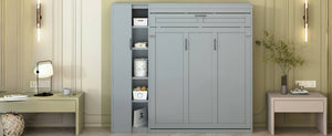 English Elm Full Size Murphy Bed with Open Shelving Wardrobe and Led Lighting for Studio Spaces Gray LP000898AAE-1