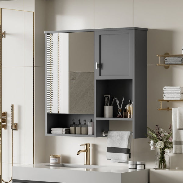 English Elm 29'' Wall Mounted Bathroom Cabinet with Mirror Towel Bar and Adjustable Shelving N710P209440E