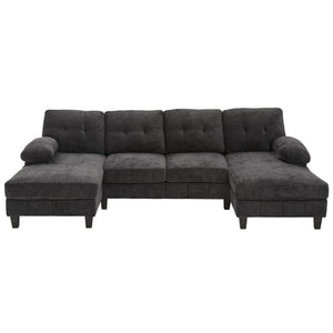 English Elm U-shaped Chenille Sectional Sofa with Dual Chaise Lounges, Tufted Back, Storage Pockets & Pillows Black N719S002040B