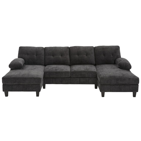 English Elm U-shaped Chenille Sectional Sofa with Dual Chaise Lounges, Tufted Back, Storage Pockets & Pillows Black N719S002040B