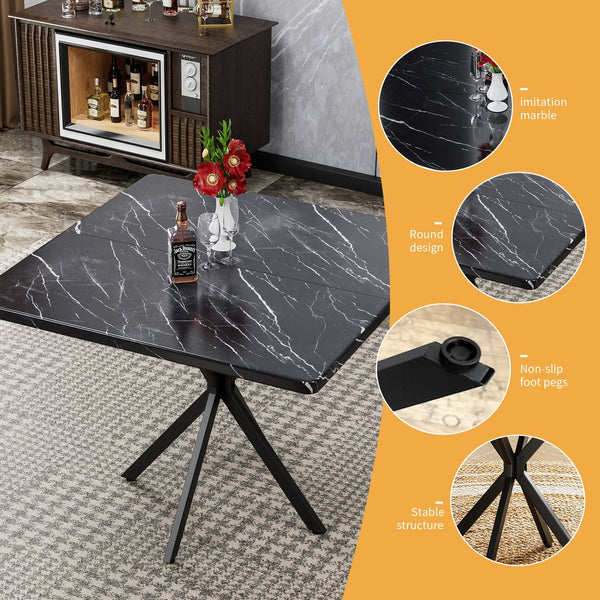 English Elm Square MDF Dining Set for 4 with Faux Marble Top, Mid-Century Modern Iron Legs, Easy-Clean Surface Black W578S00027