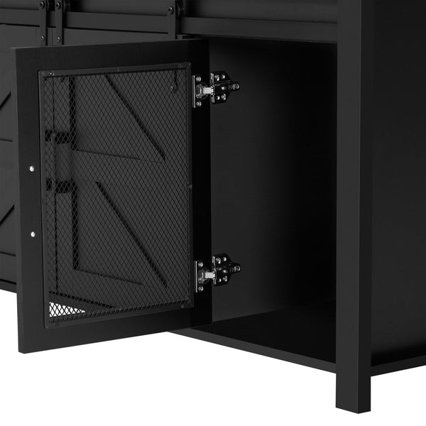 English Elm U_STYLE Farmhouse 59.3" Sideboard with Sliding Barn Doors, Mesh Panels, Open Shelves & Sturdy Top Black N711P347388B