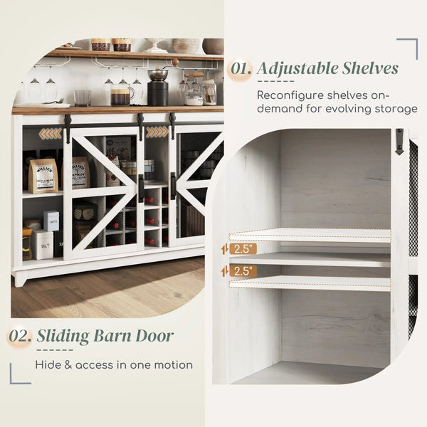 English Elm Coffee Bar Cabinet with Sliding Barn Doors Wine Rack and Led Lighting Farmhouse Style T3971P397429