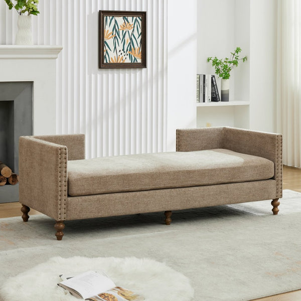 English Elm 75.2'' Chenille Upholstered Daybed Chaise with Nailhead Trim and Rubberwood Legs Taupe W3188S00057