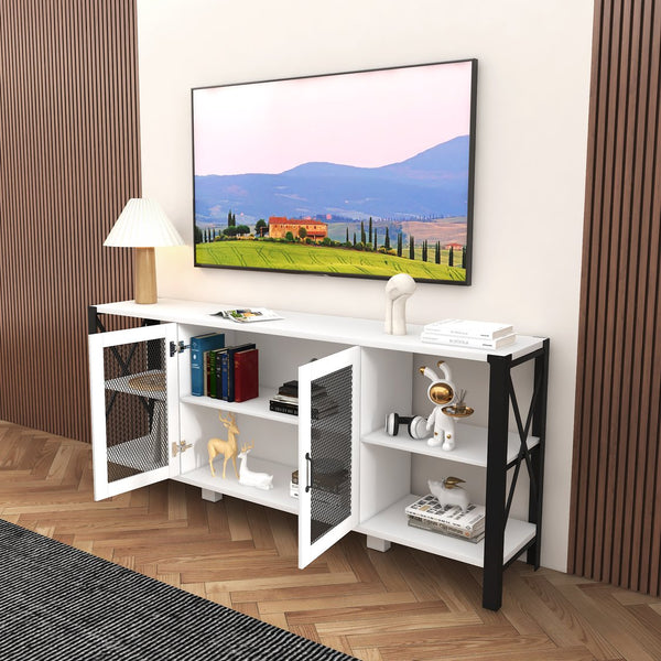 English Elm TV Industrial Farmhouse Stand with Metal Frame and Open Shelves for Large TVs, Durable Storage Unit W331S00121 W331S00121