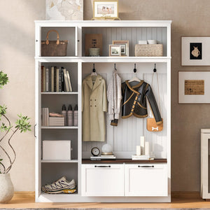 English Elm 3-in-1 Entryway Hall Tree with Cabinet Hooks Bench Drawers and Adjustable Shelving White SJ000160AAK