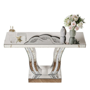 English Elm 43 Inch Mirrored Console Glam Sofa Table with Crystal Stone Inlaid Curved Legs W1445P370475