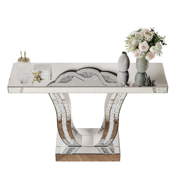 English Elm 43 Inch Mirrored Console Glam Sofa Table with Crystal Stone Inlaid Curved Legs W1445P370475