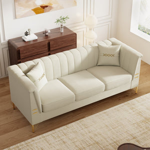 English Elm Fx-P82-Be3 - Luxurious Beige Velvet Chesterfield 3-Seater Sofa With 2 Pillows For Modern Living Spaces W576S00220